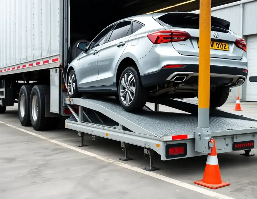 Hoe wordt een auto veilig geladen en vastgezet op een transporter?